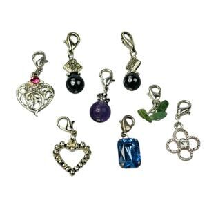 Set of 8 Charms Heart Flower Stone Chips Green Purple Black Blue